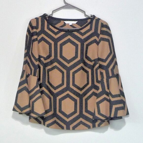 TRINA TURK GEOMETRIC TOP SIZE SMALL TRUMPET SLEEVES - Picture 1 of 6